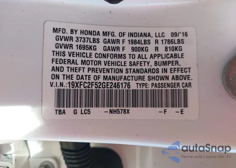 2016 Honda Civic Lx из США, поврежденный, VIN 19XFC2F52GE246176